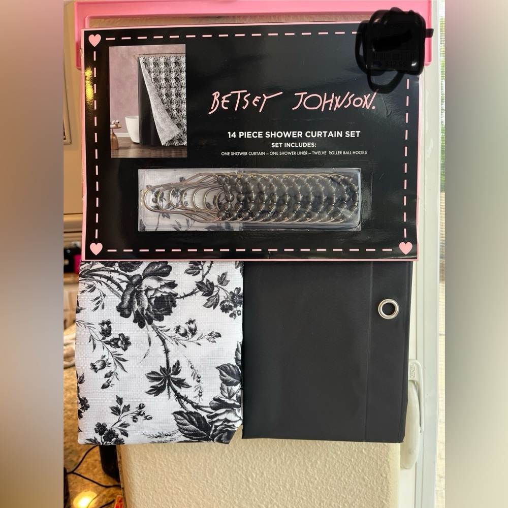 Betsey Johnson Black and White Floral Shower Curtain Set